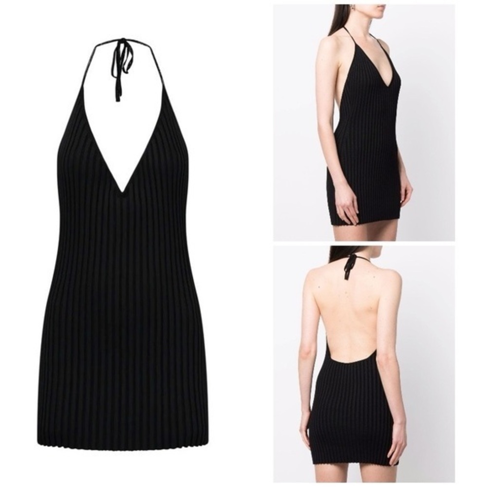 Gauge 81 Tala Ribbed Plunge Neck Halter Black Bodycon Mini Dress